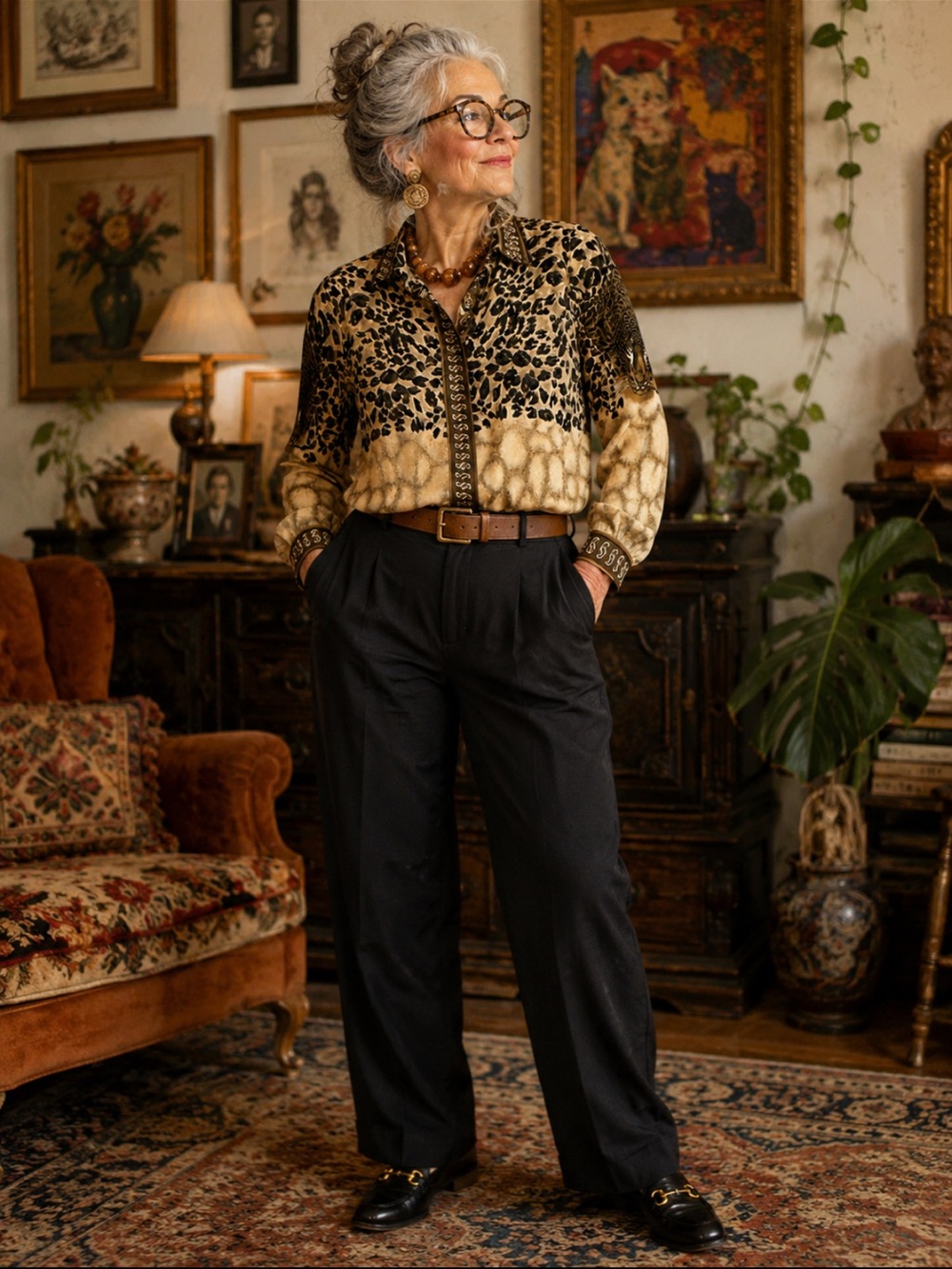 Jordan Woman Leopard Print Button-Down Shirt in Brown and Black